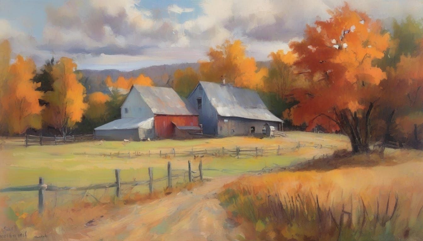 Maine Countryside Farm in Vibrant Autumn Hues