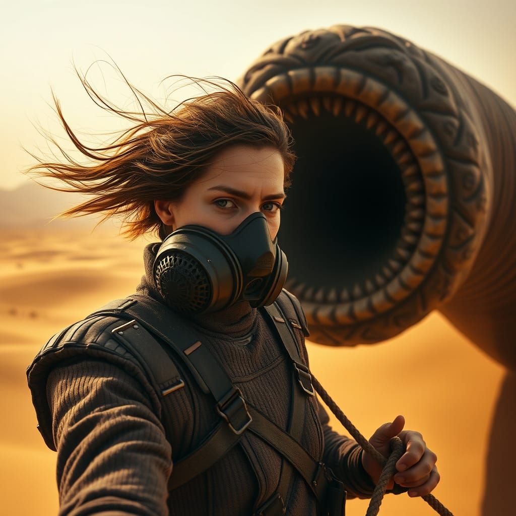 Dune Stillsuit Warrior Facing Sandworm in Desert