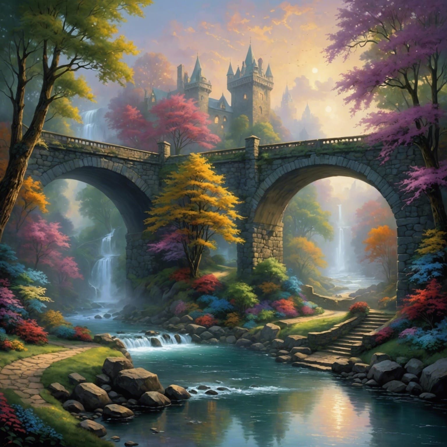 Ethereal Fantasy Landscape Under a Bridge