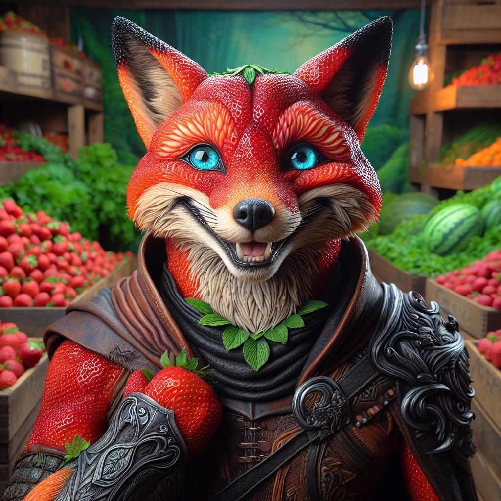 Strawberry Fox with Tattoo in Workshop, Photorealistic