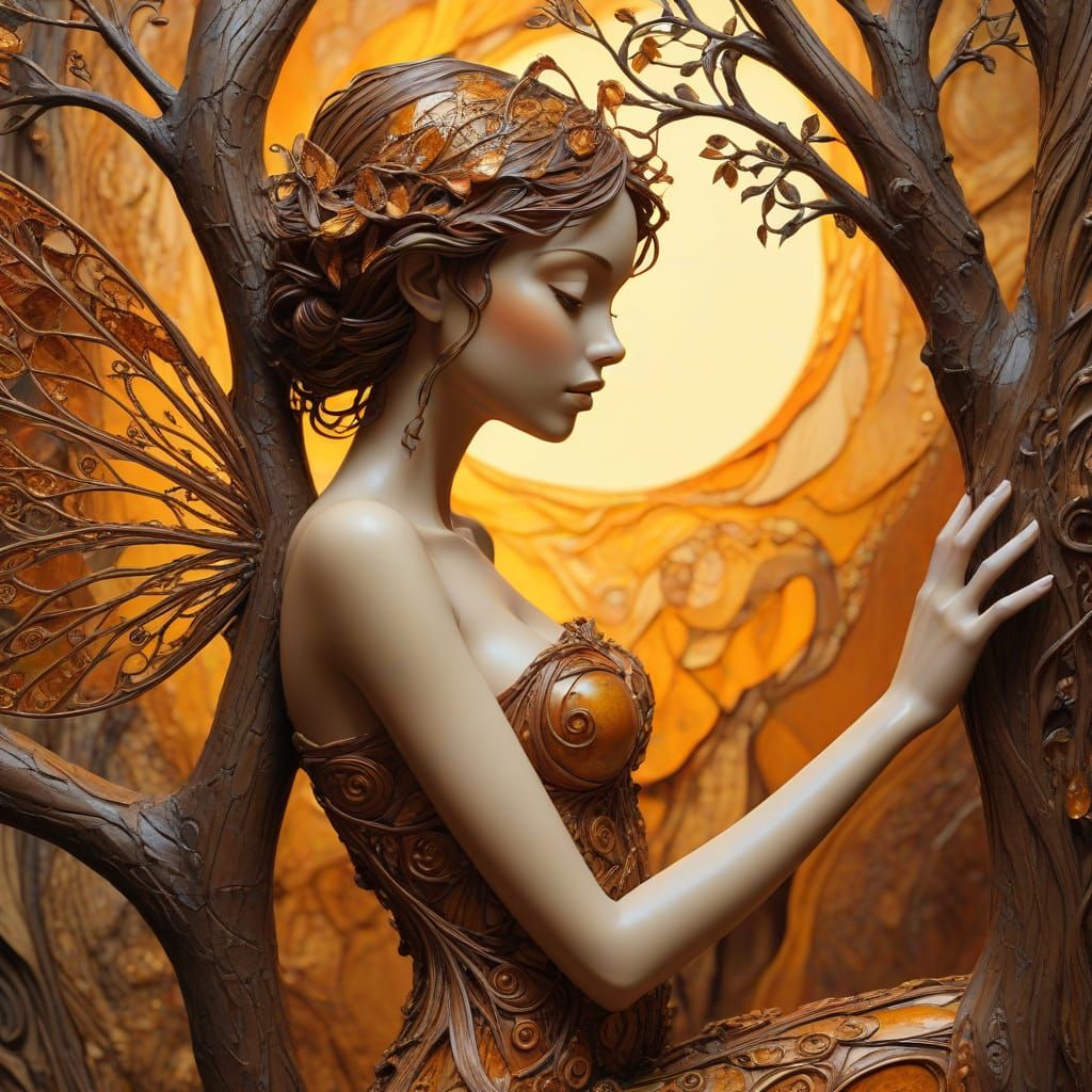 Whimsical Wood Fairy in Amber Hues