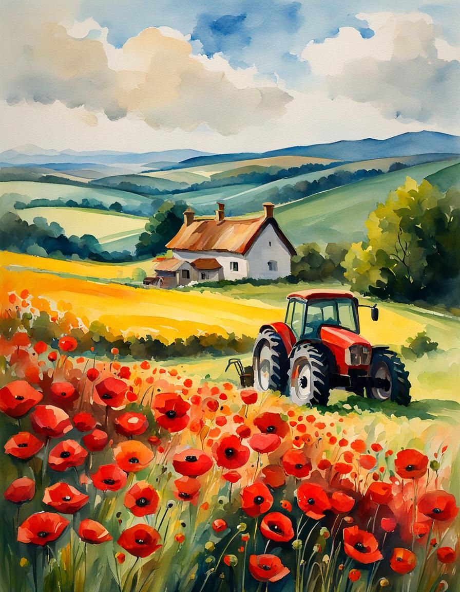 Poppies and Red Tractor in Impressionist Watercolor