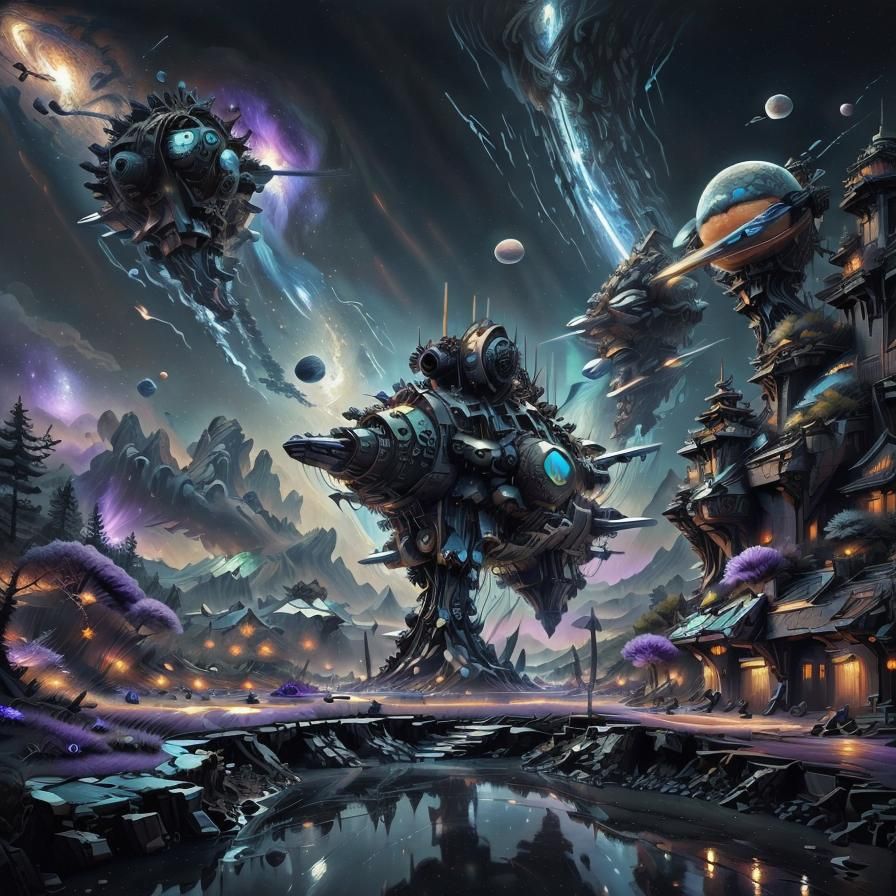 Cosmic Theme Park in Space as Ukiyo-e Print