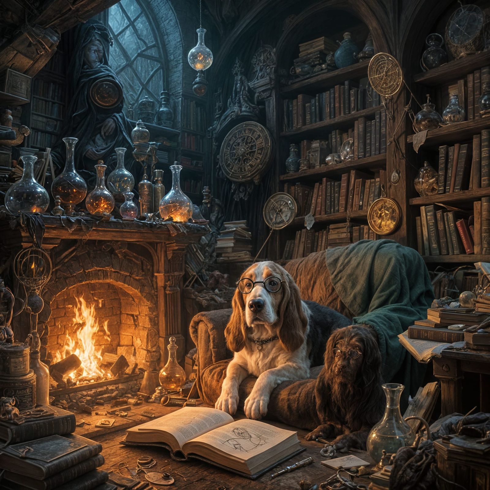 Cozy Wizard's Study with Basset Hound by Fireplace
