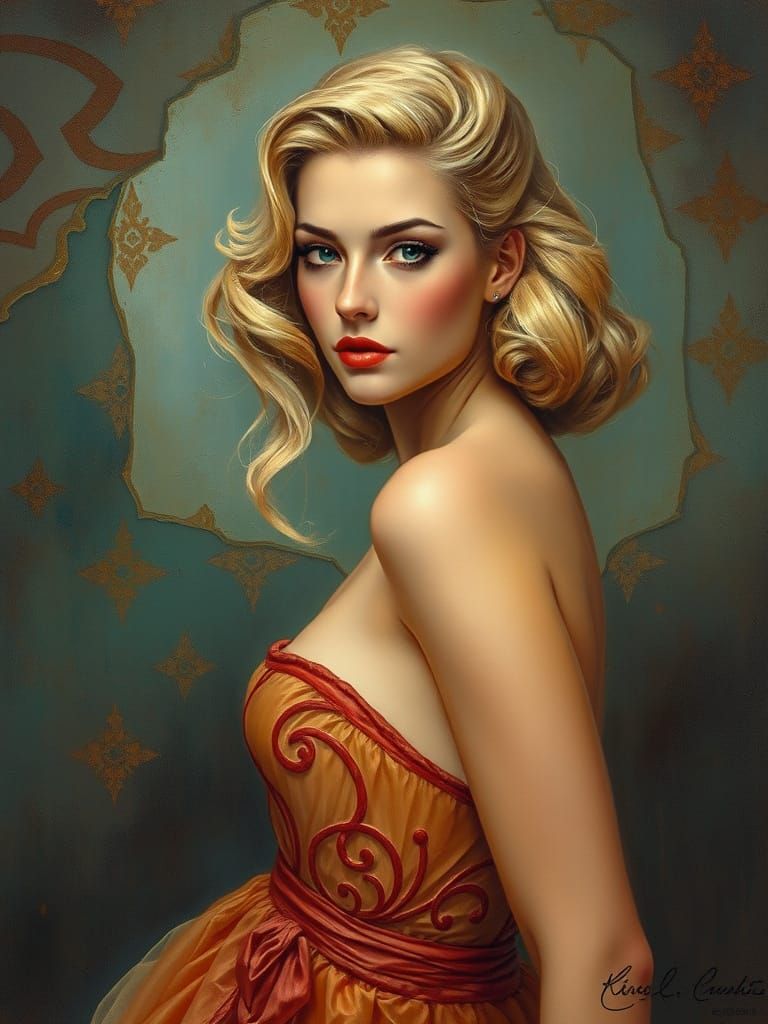 1950s Pin-Up in Mucha-Waterhouse Tonalist Fusion
