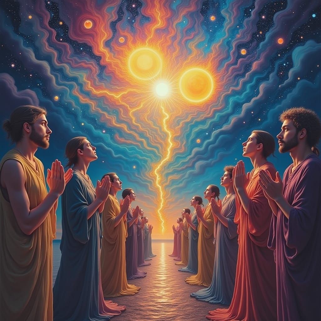 Spiritual Figures Praying to Binary Stars in Kaleidoscopic S...