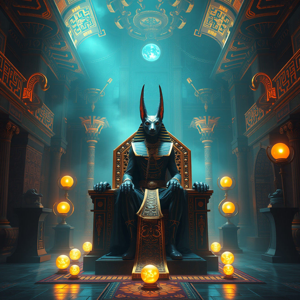 Anubis, God of the Dead, on Ornate Throne