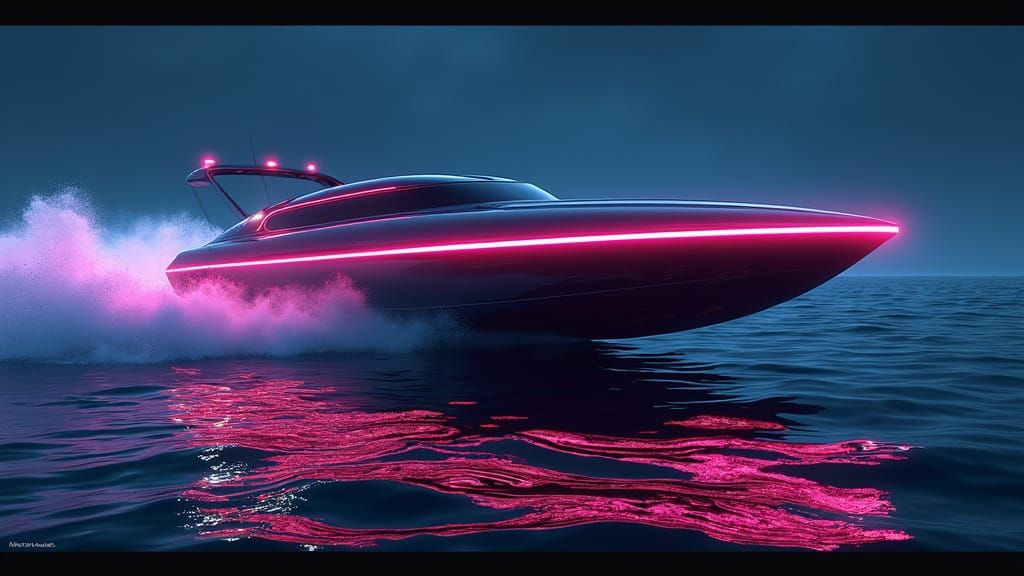 Neon Cigarette Boat Racing Across Dark Ocean