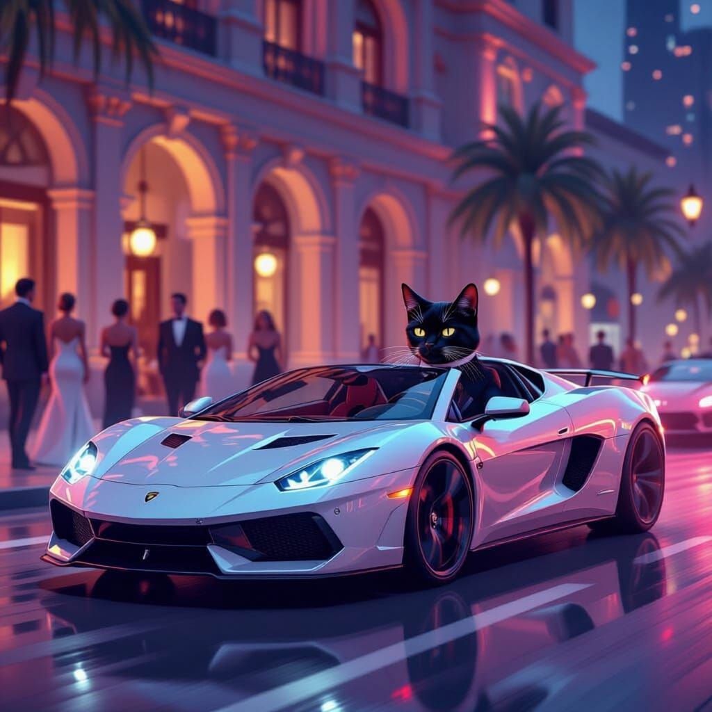 Cat Assassin Arrives in Style at Party in Super Sports Car