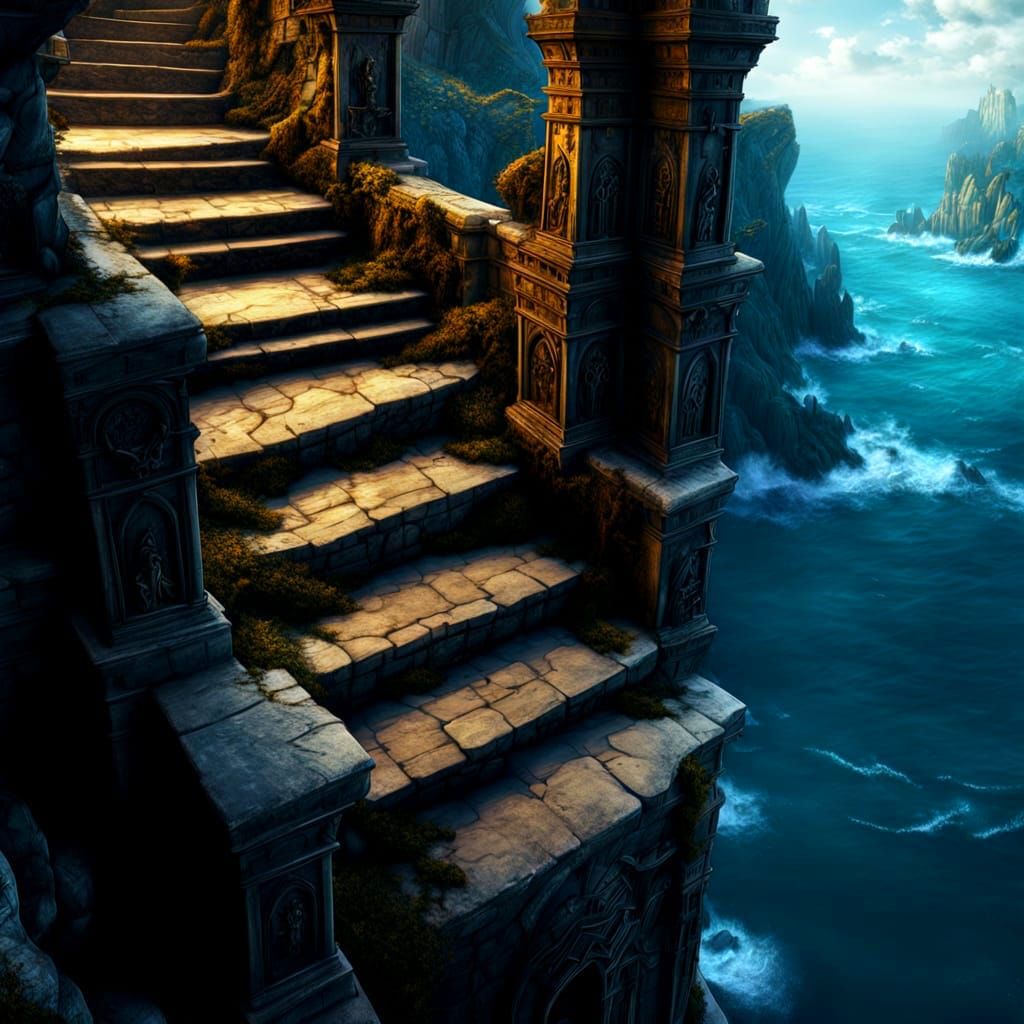 Fantasy castle, Vista, Long winding Ancient stone steps leading down to the  sea
