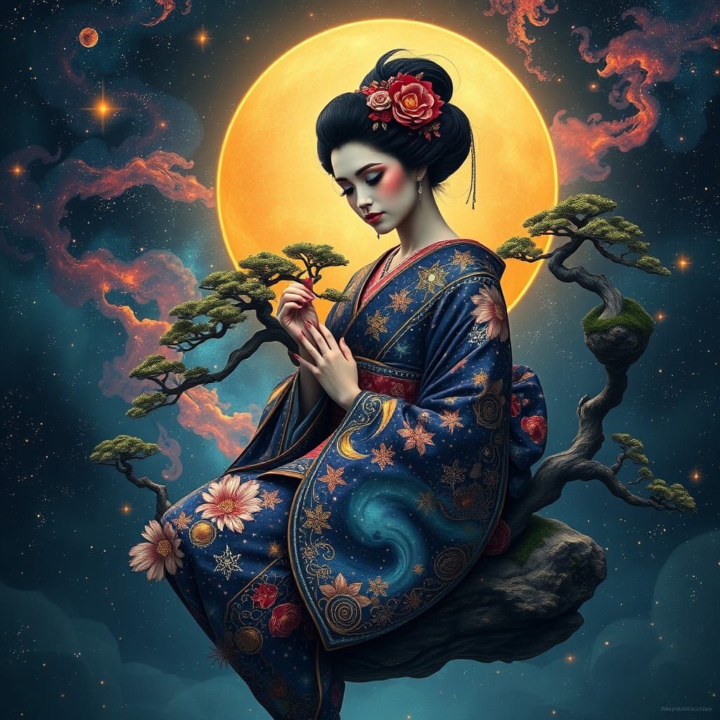 Celestial Geisha in Cosmic Bonsai Garden