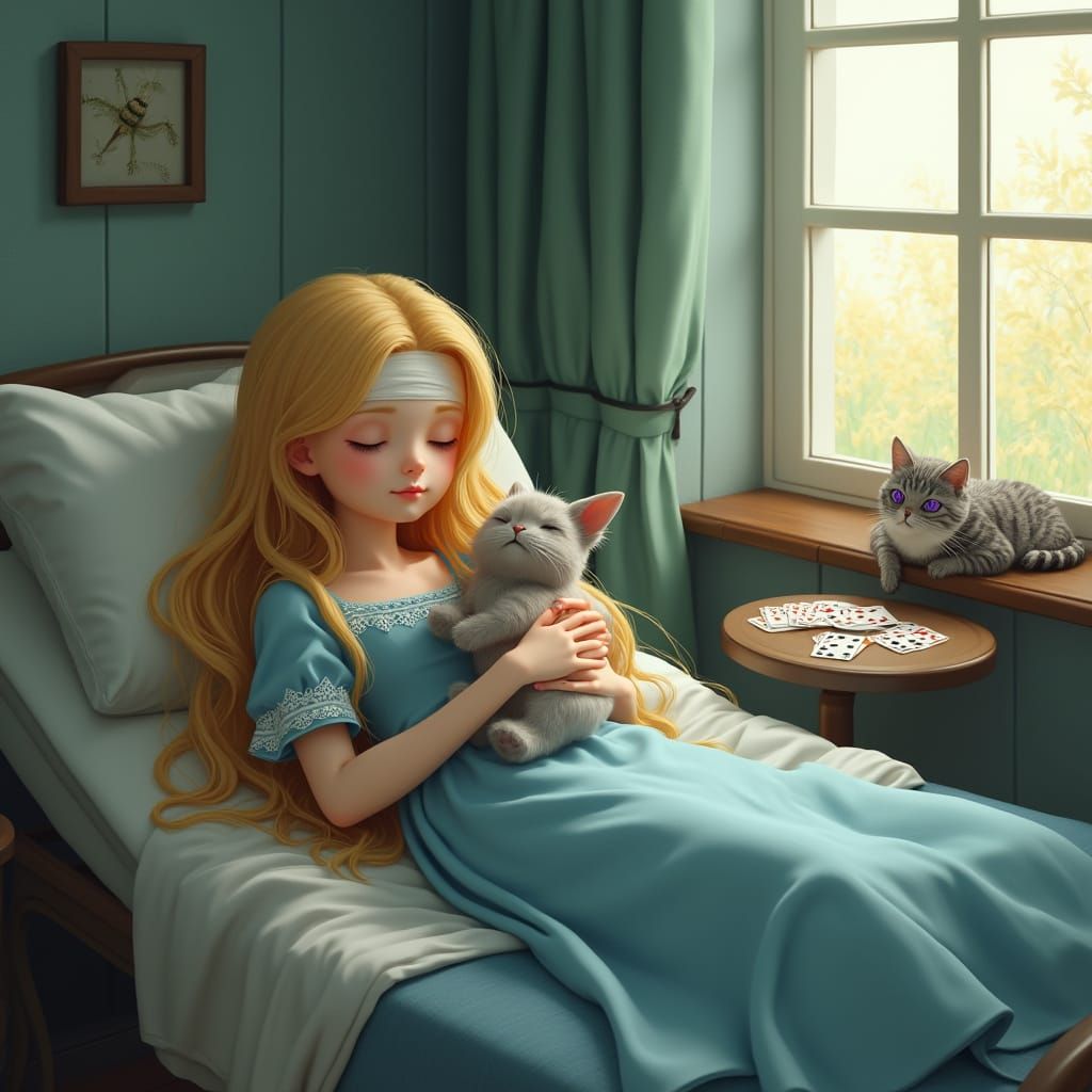 Serene Teenage Girl in Hospital Bed with Whimsical Surroundi...
