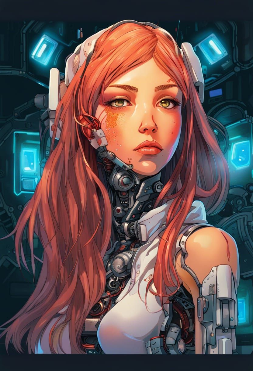 Cyborg Woman Anime Portrait in Cyberpunk Style
