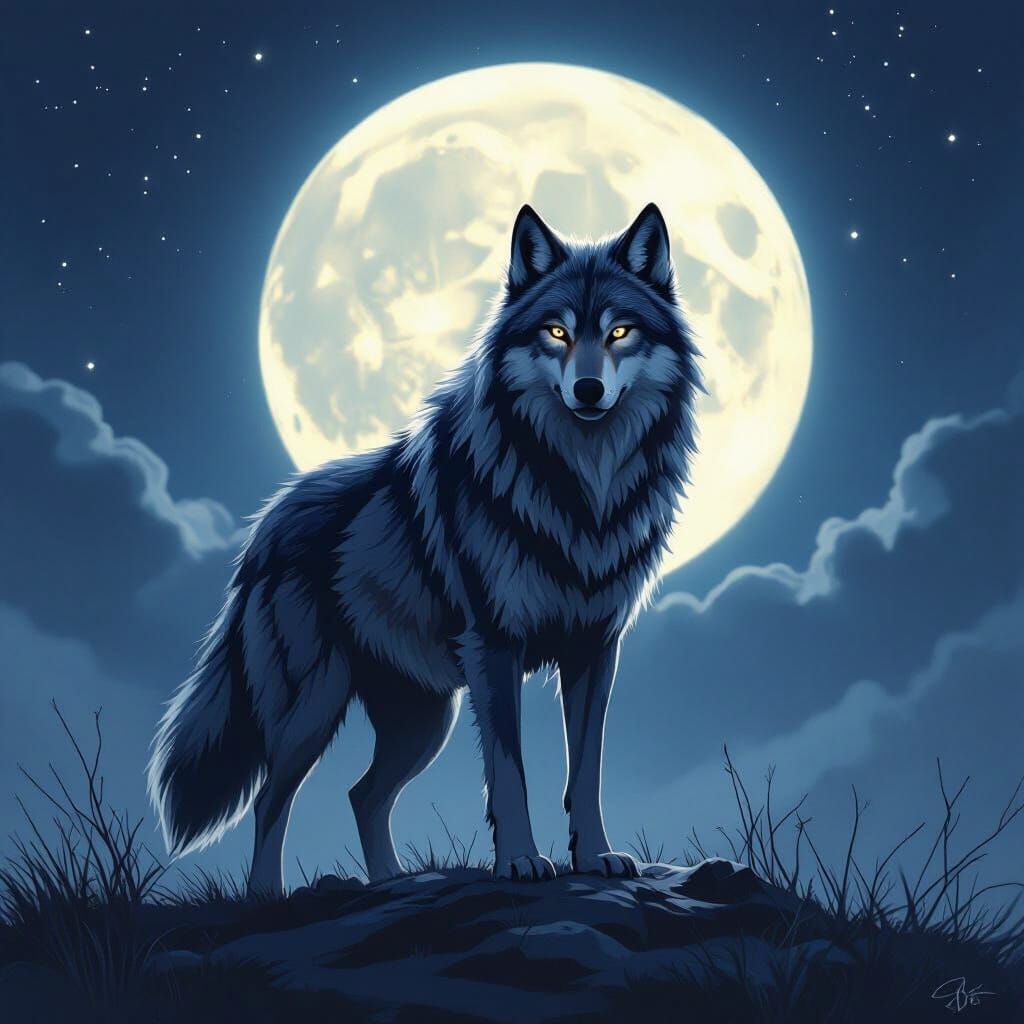 Fantasy Wolf Under the Moon as Digital Art