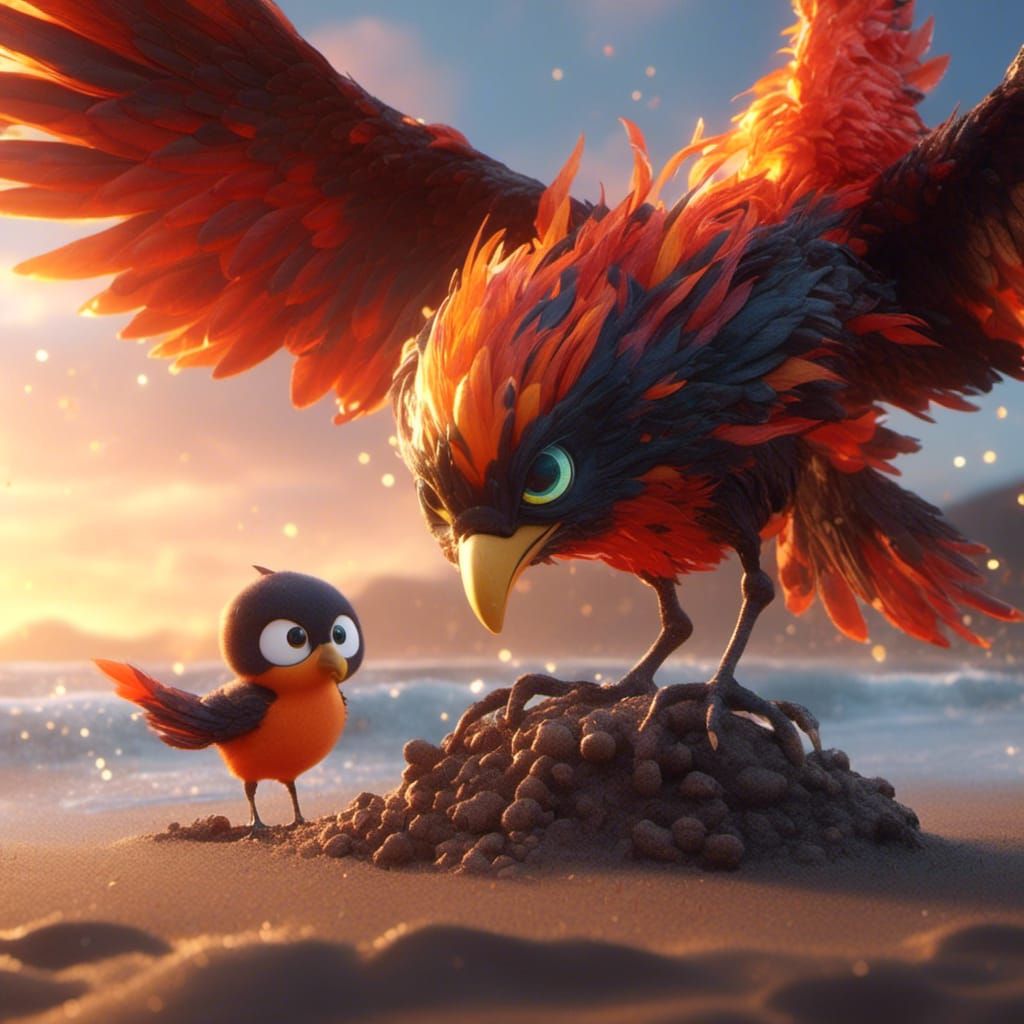 Playful Fiery Phoenix Chick on Ash Beach