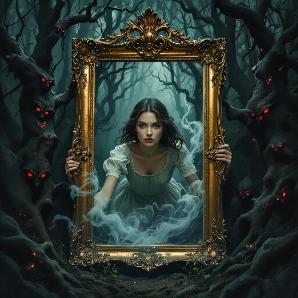 Surreal Fine Art Portrait: Woman Escapes Mirror into Demon F...