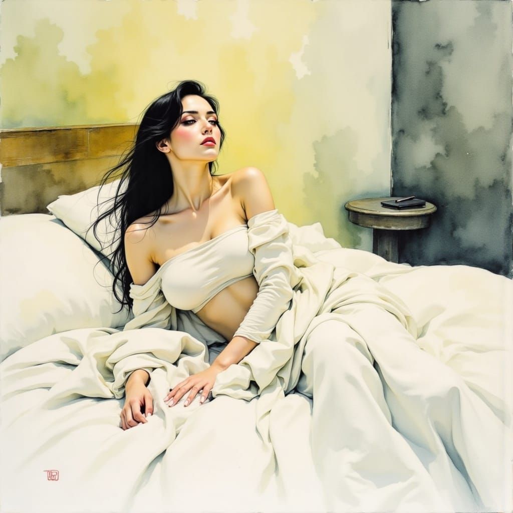 Romantic Watercolor Portrait of a Young Woman in Repose