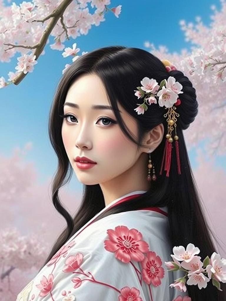 Geisha Portrait with Cherry Blossoms as Oil Painting