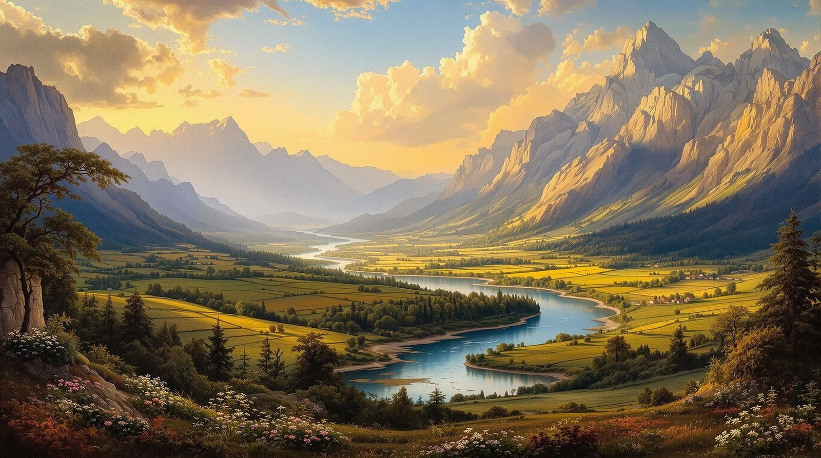 Renaissance Valley Landscape Bathed in Golden Hour Light