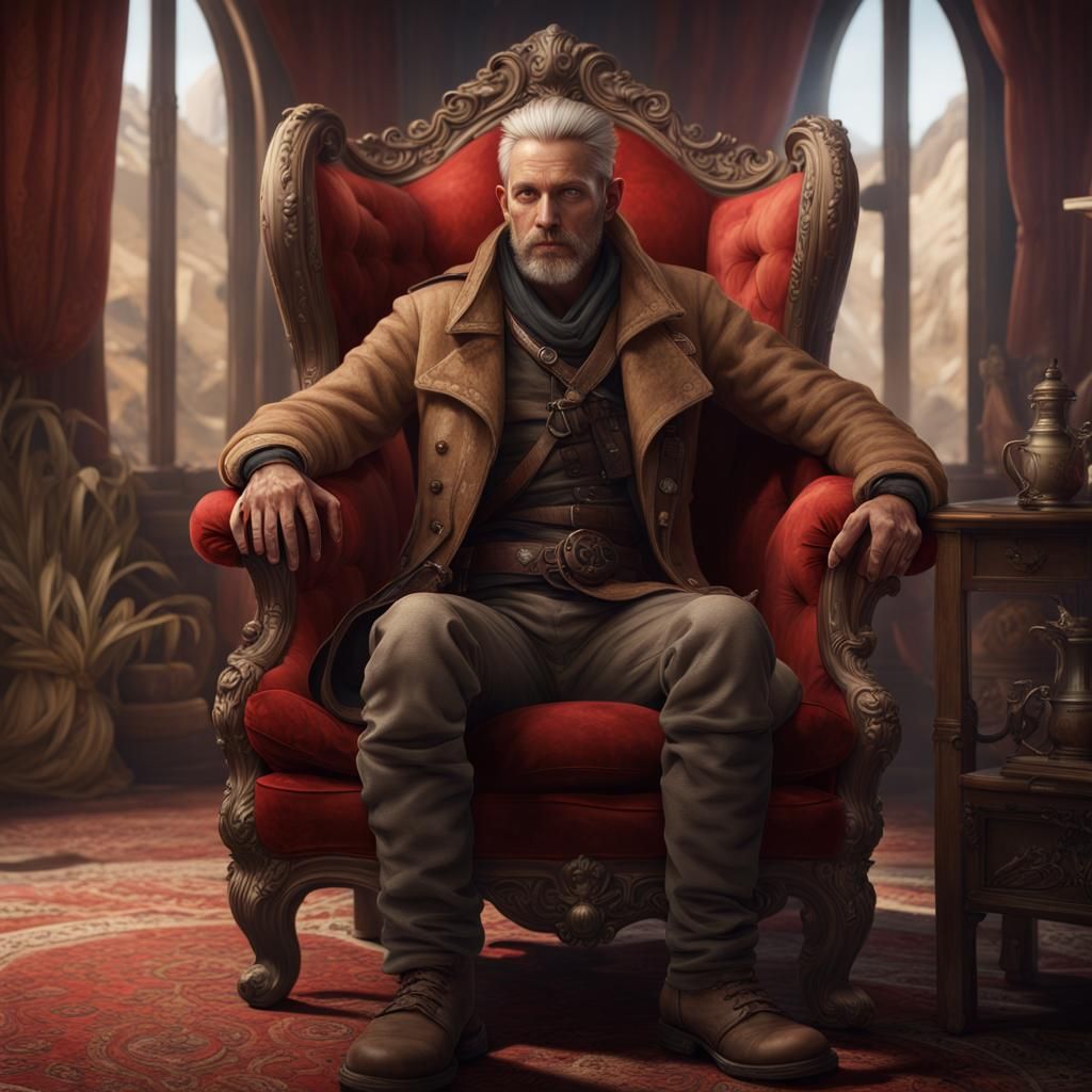 Fantasy Explorer in Red Armchair: Detailed Matte Painting