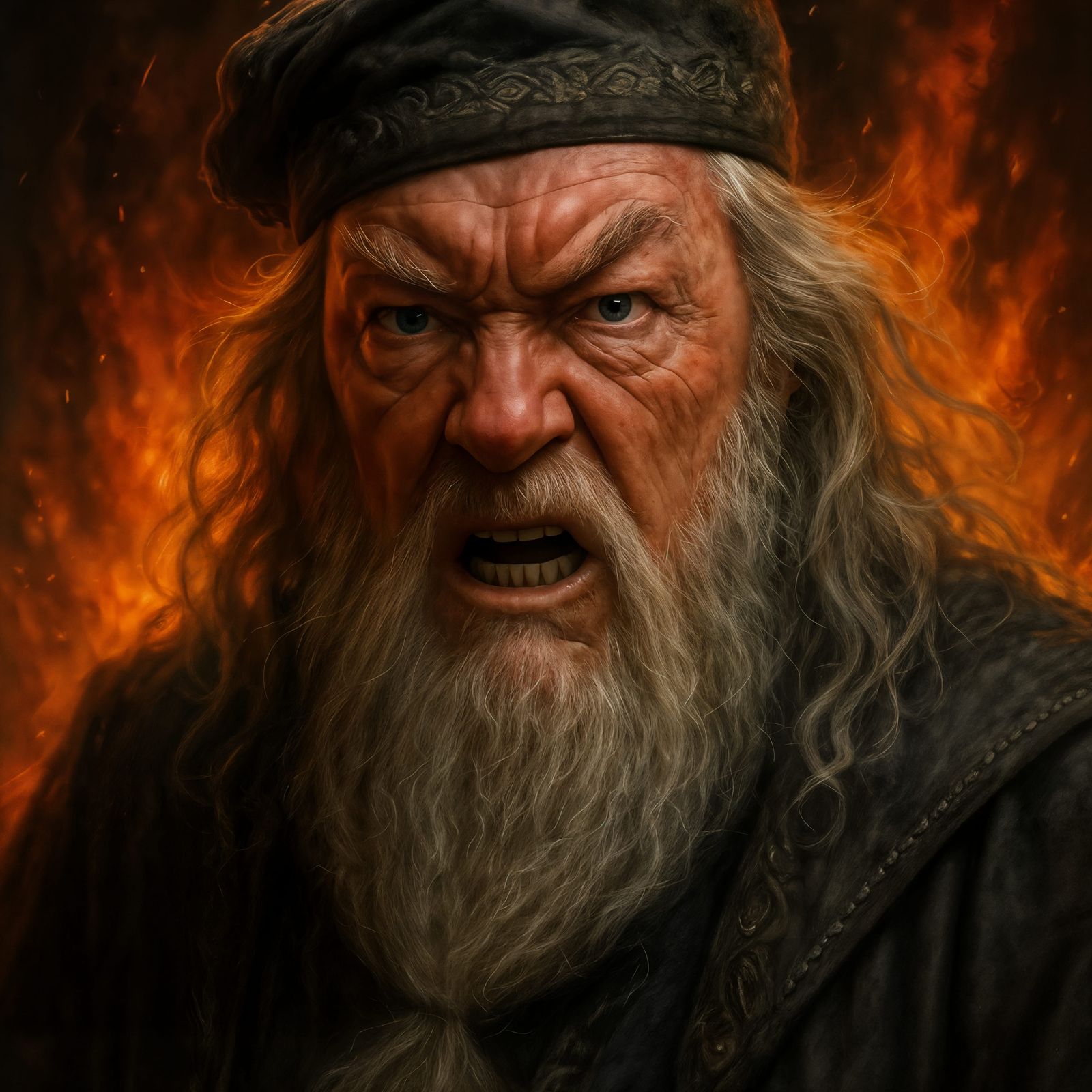 Angry Dumbledore with Fiery Background