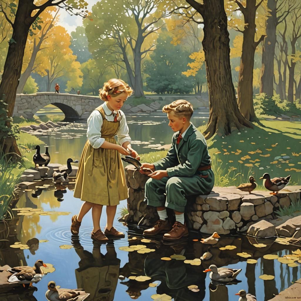 Children Feeding Ducks: Impressionist Gouache Watercolor Pai...