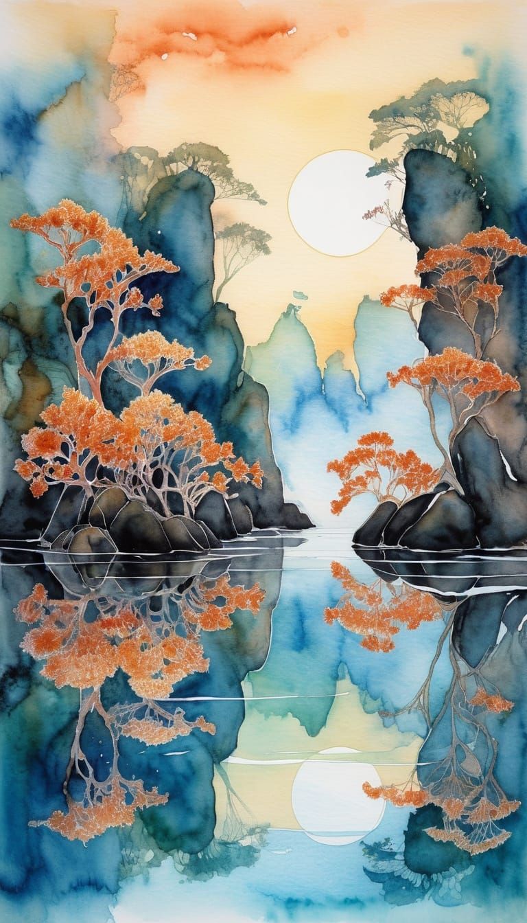 Surreal Paradise Lagoon at Sunset in Mixed Media