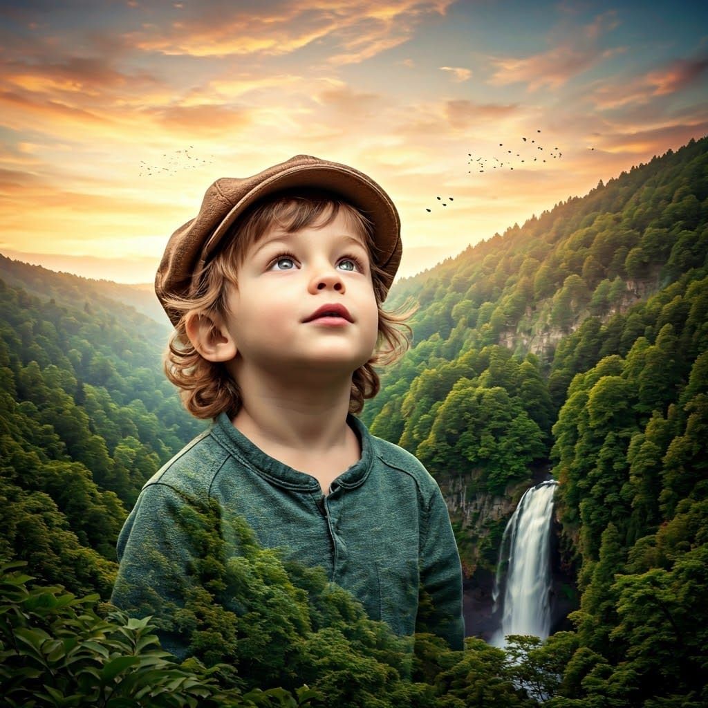 Boy in Forest Double Exposure Sunset Landscape