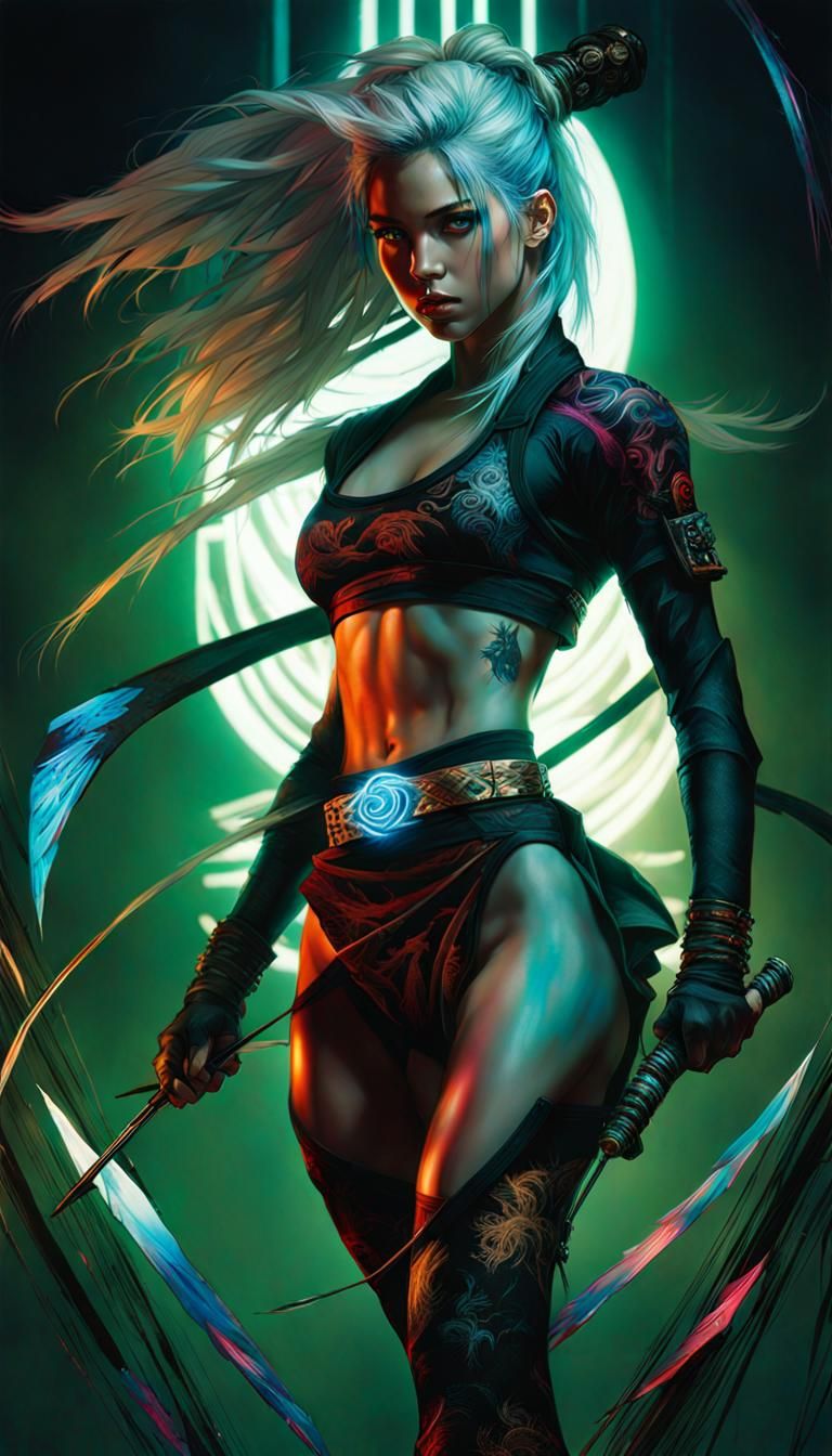 Platinum Blonde Ninja in Anime Glitchcore Style