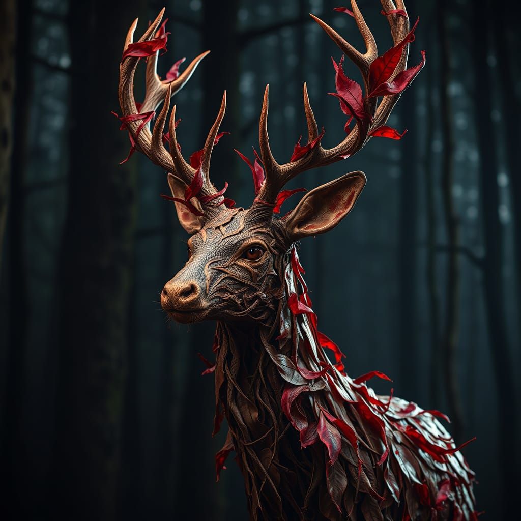 Deer Made of Leaves in Cinematic Style
