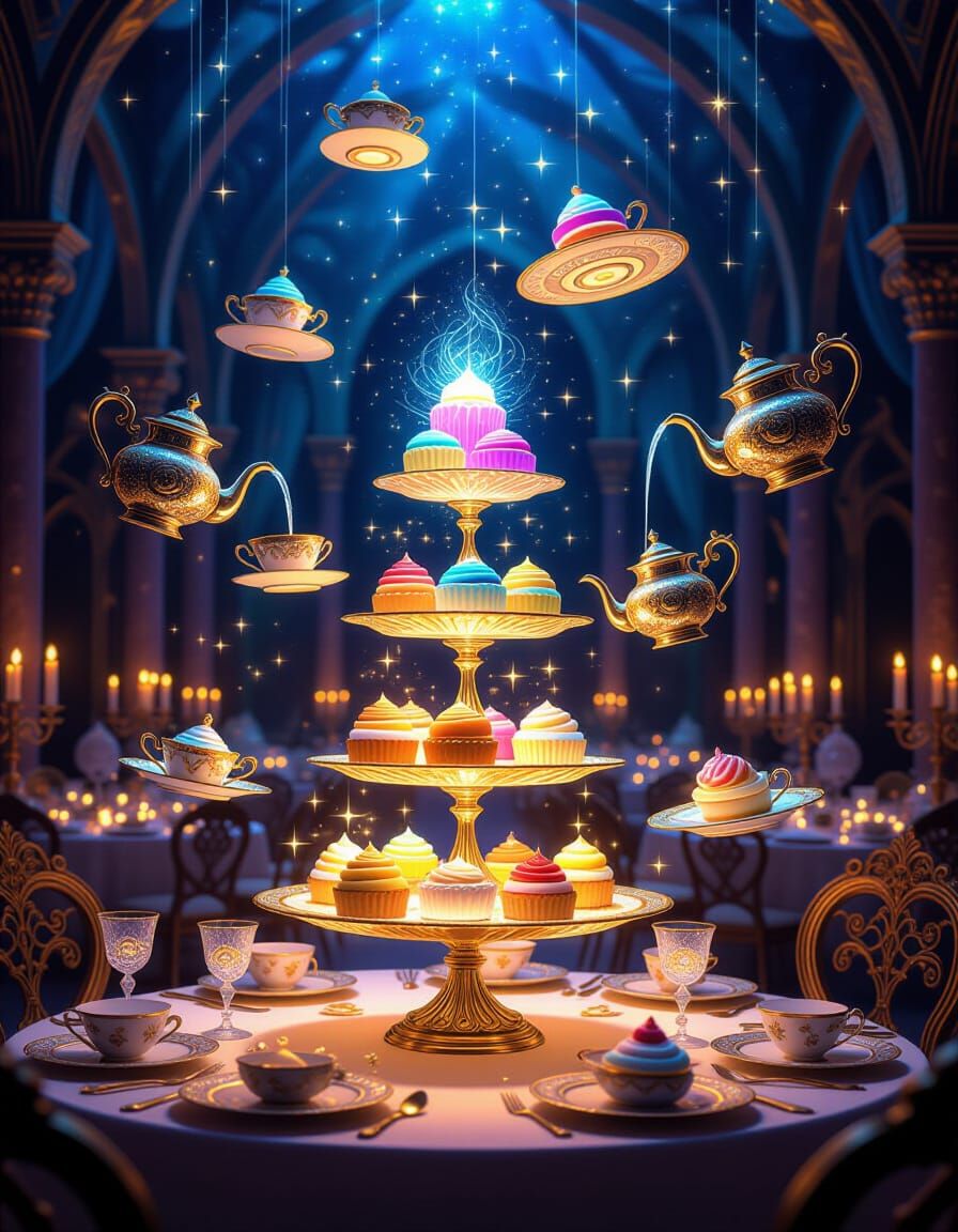 Magical Feast Hall with Floating Ethereal Desserts