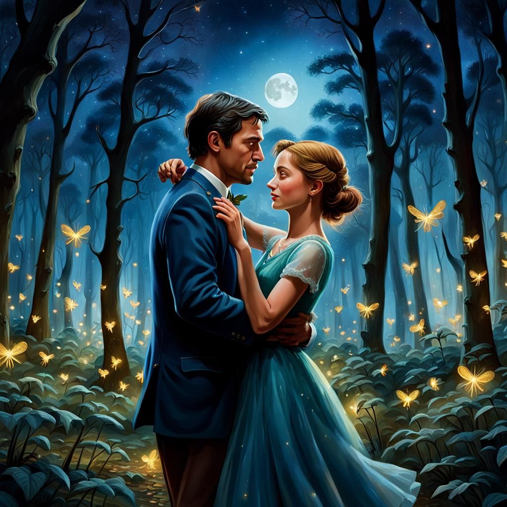 Romantic Couple Dancing in Moonlit Forest
