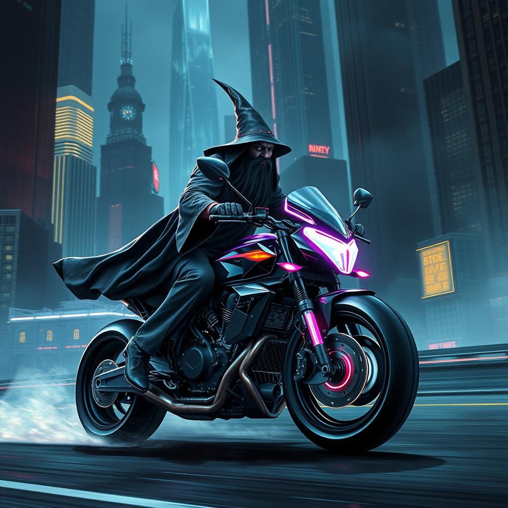 Wizard on Cyberpunk Motorcycle in Futuristic Cityscape