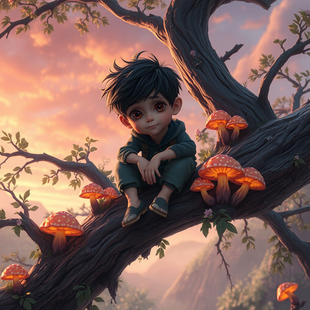 Boy in Dreamlike Forest, Matte Painting Style
