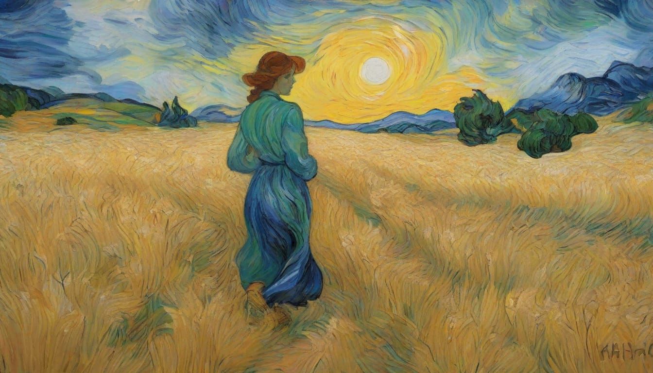 Ethereal Woman in Wheat Field, Van Gogh Style