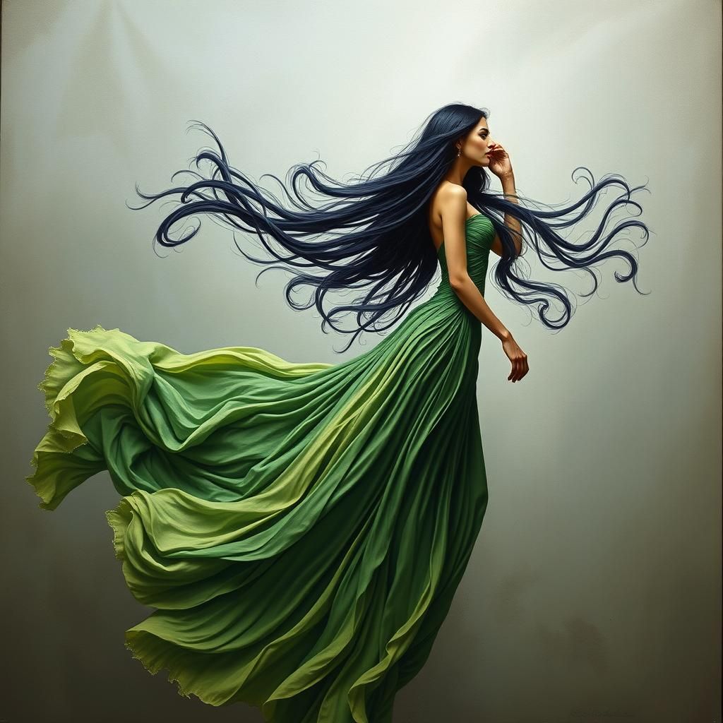 Surreal Woman in Floating Green Dress