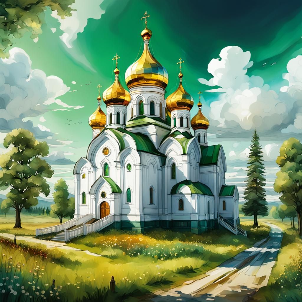 Russian Church in Alcohol Ink Painting Style