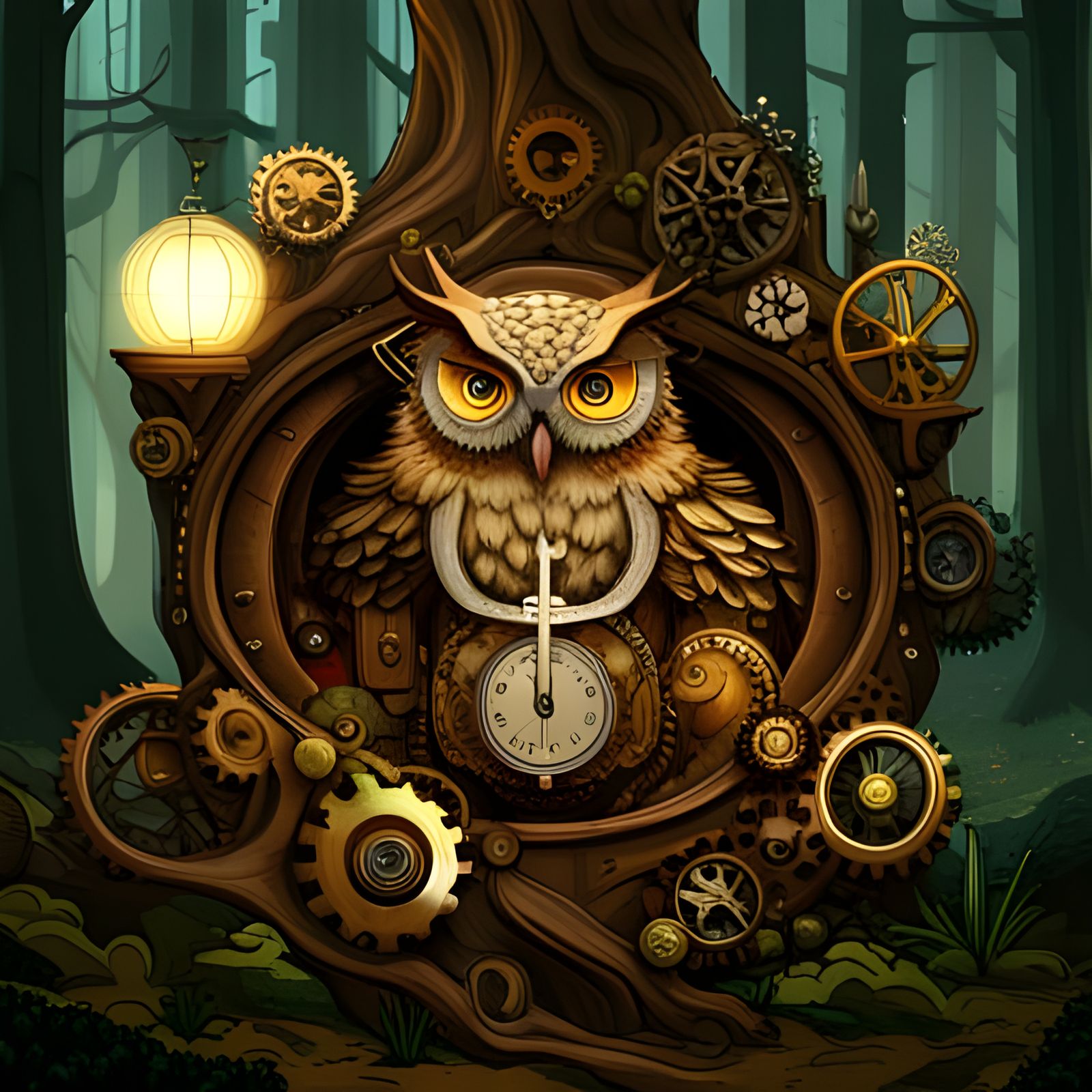 Steampunk Owl Clock in Forest, Detailed 3D Rendering