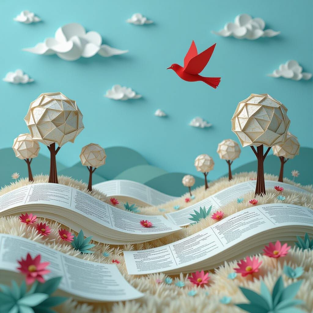 Surreal Paper Landscape with Red Bird
