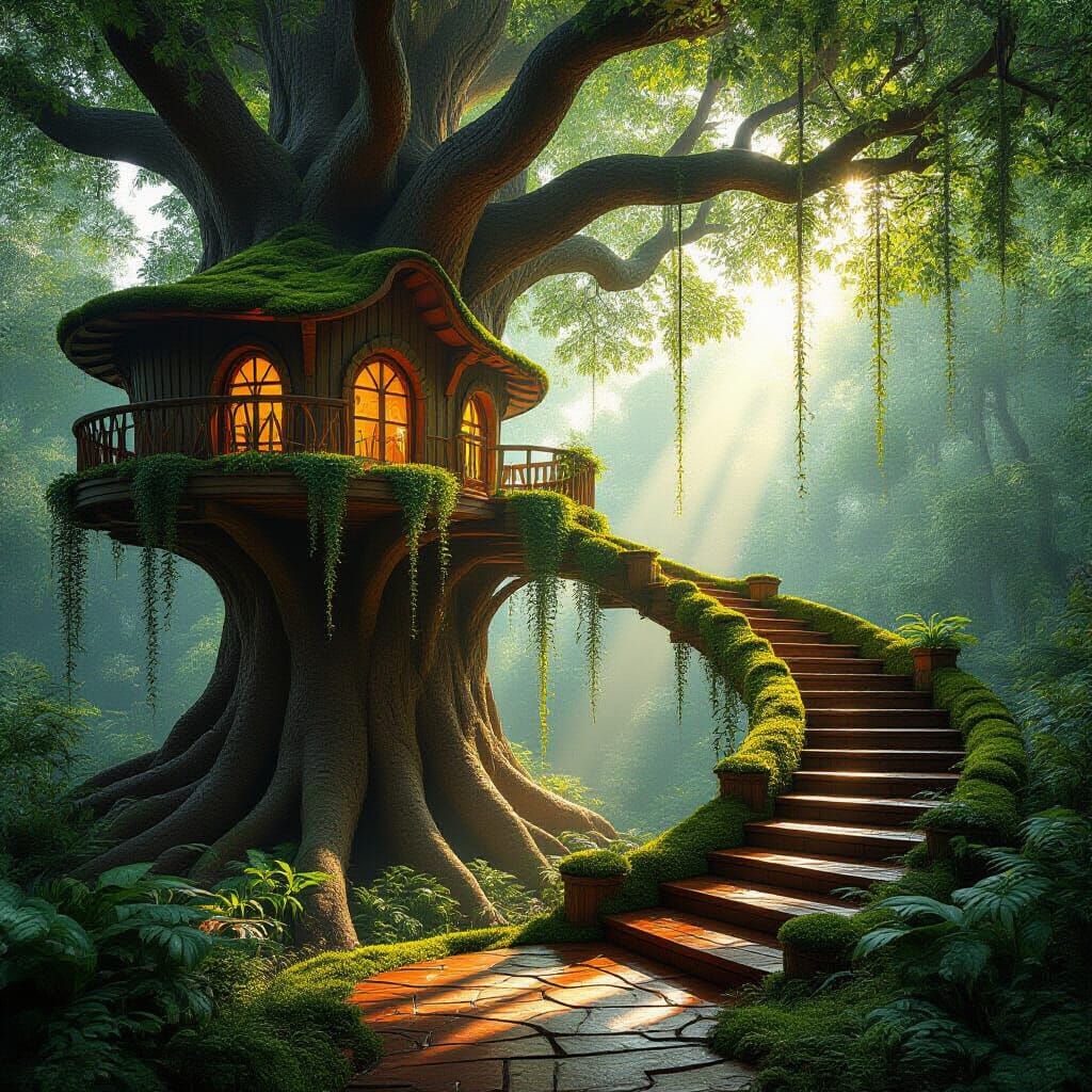 Sunlit Giant Treehouse Hall with Hanging Gardens