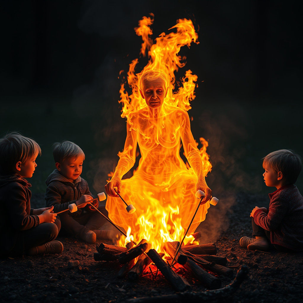 Fiery Grandma Warms Children Around Campfire