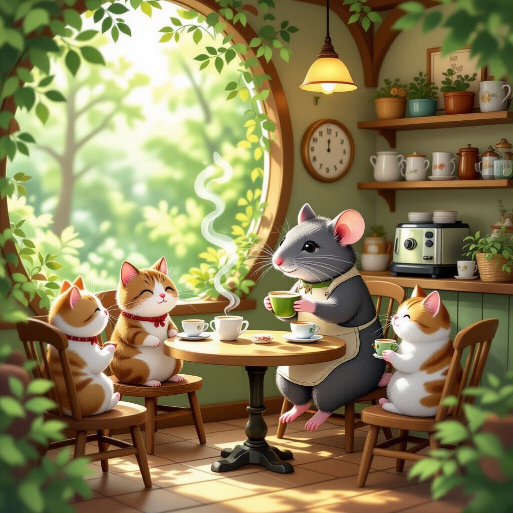 Whimsical Forest Cafe: Rat Barista Serves Cats Matcha Lattes