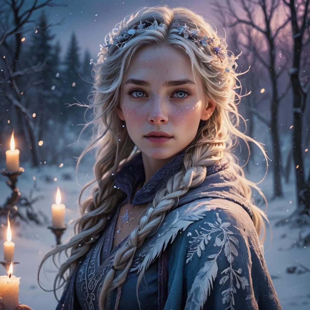 Icy Woman in Snowy Landscape with Candlelight