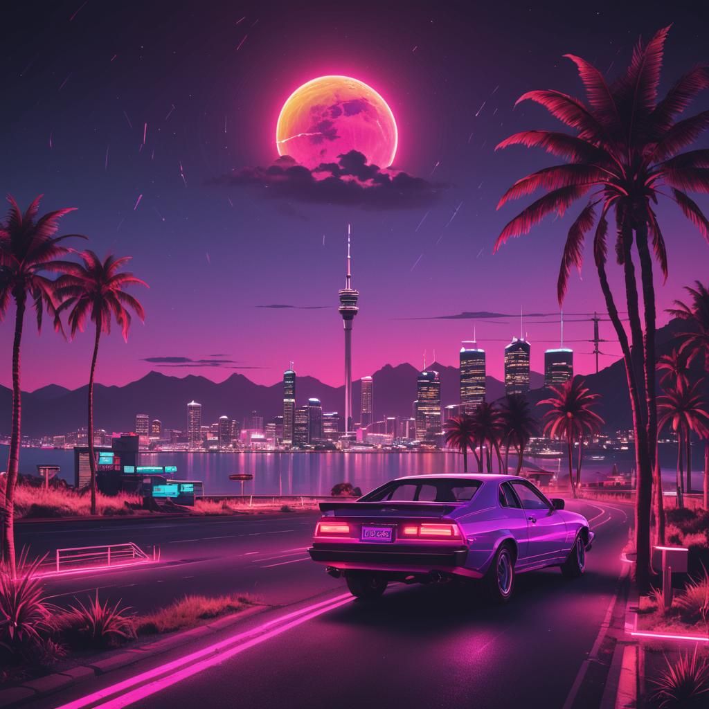 New Zealand in Synthwave Neon Retro Style