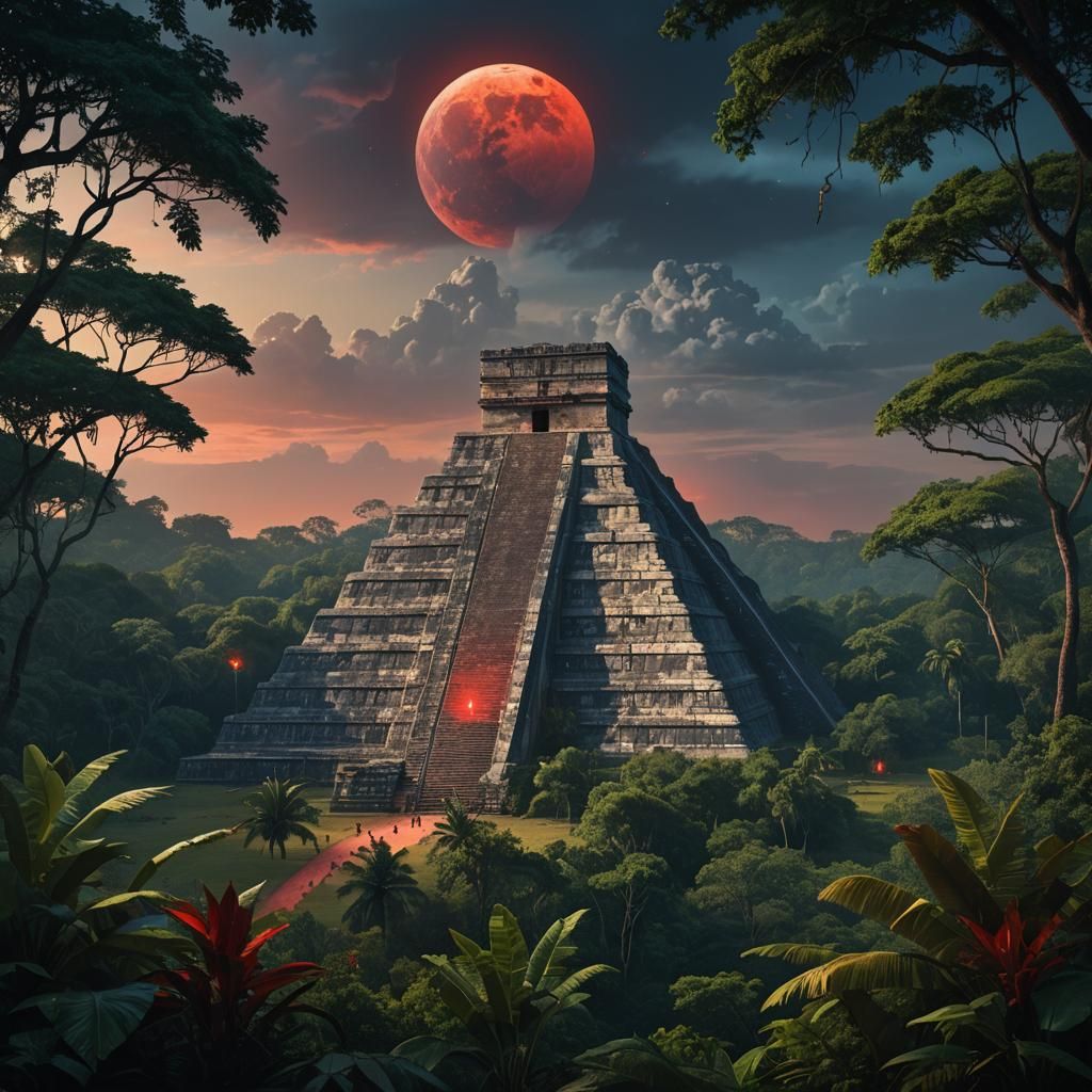 Chichen Itza Pyramids Under Blood Red Lunar Eclipse