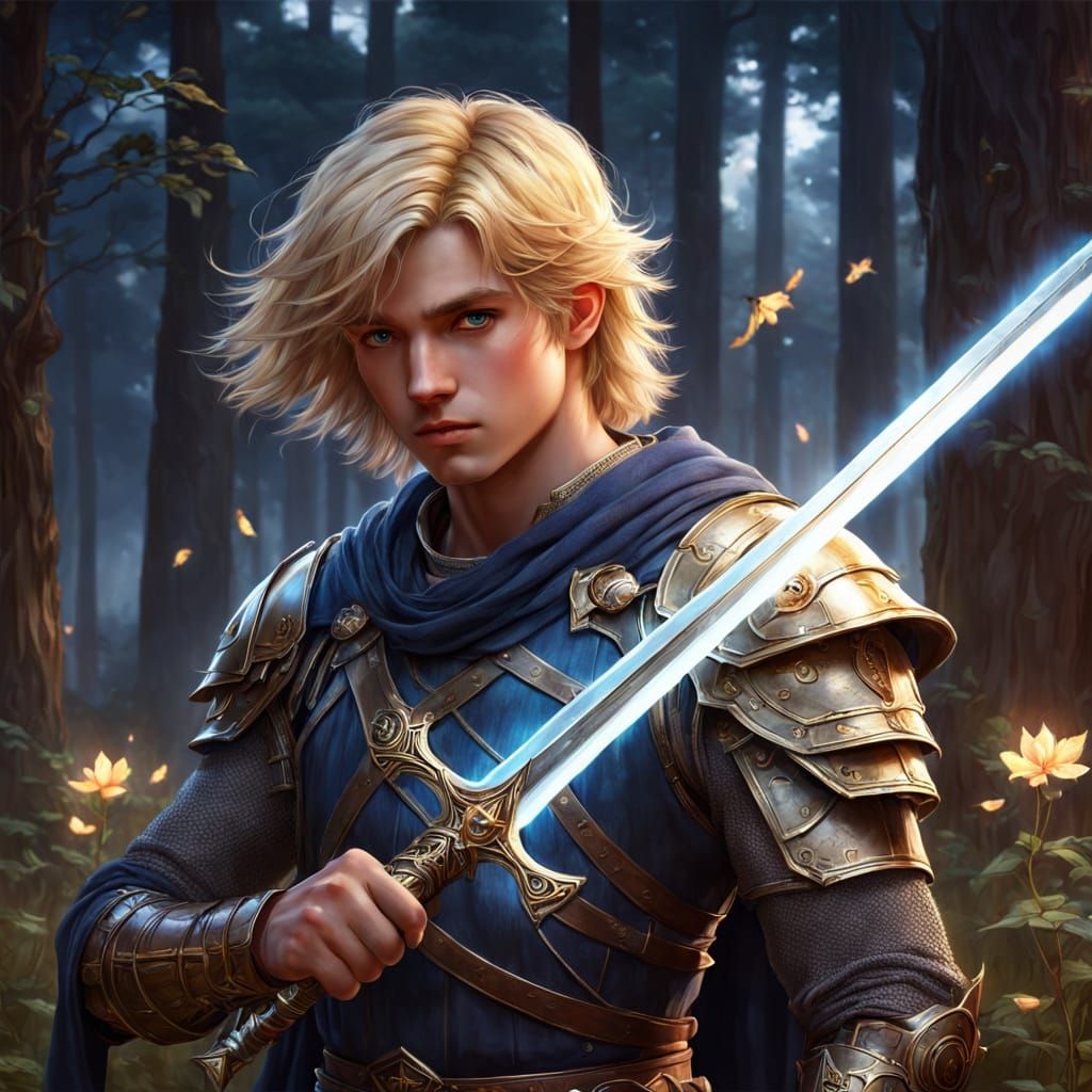 Boy with Glowing Sword in Fairytale Anime Style