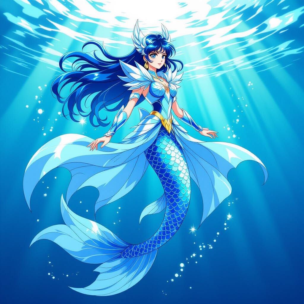 Mermaid Saint Seiya with Blue Tail in Dynamic Ocean Art