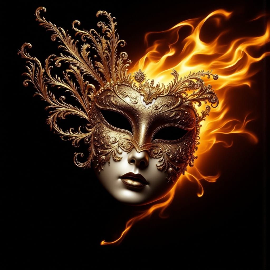 Gold Filigree Masquerade Mask with Flames and Pearls