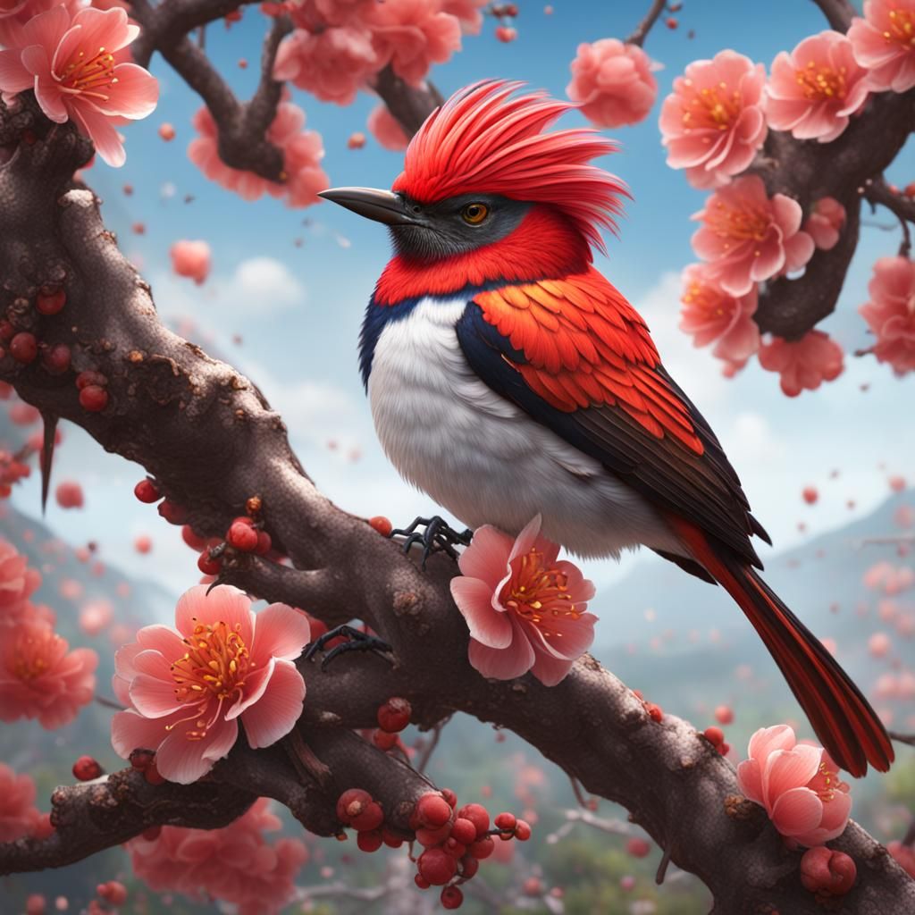 Royal Flycatcher on Blossoming Peach Tree