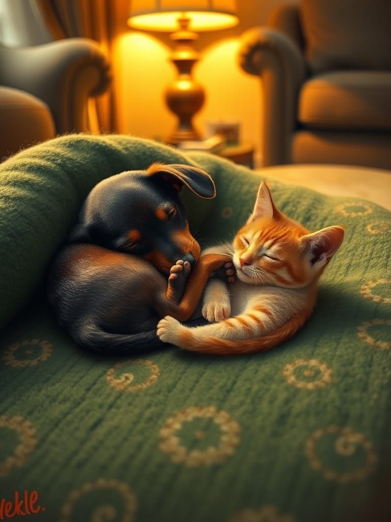 Puppy and Kitten Napping, Impressionist Style